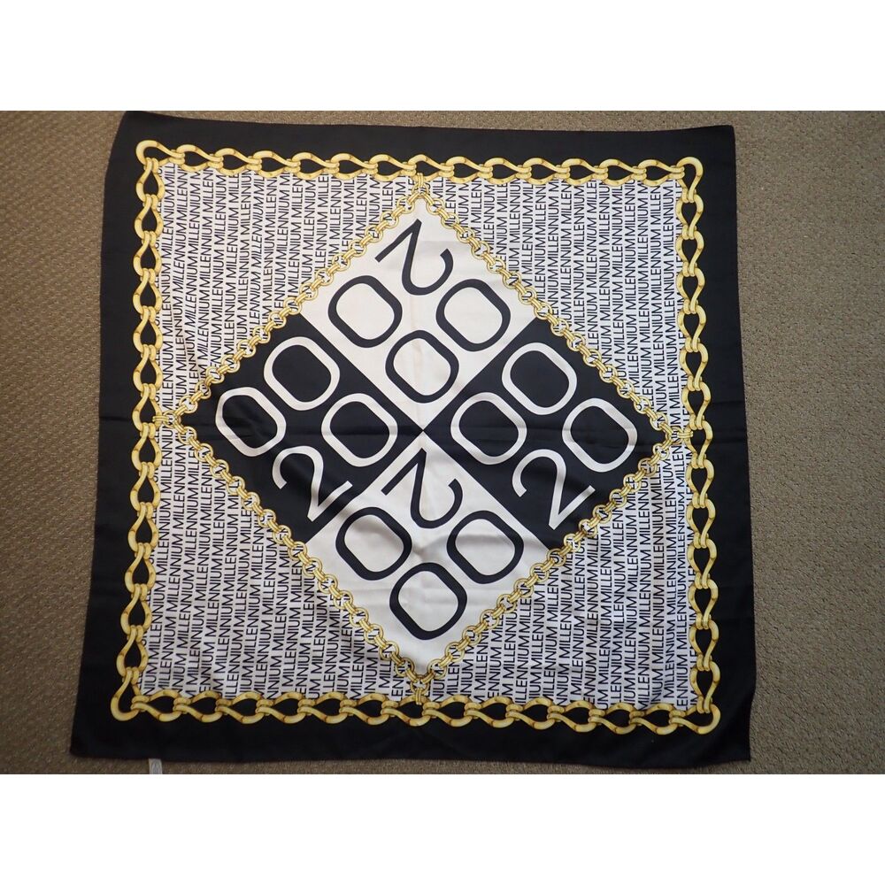 Millennium 2020 Scarf Black Gold White Polyester Silky Square Italy Vintage
